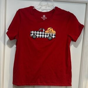 PositiviTees Red Graphic Tee with Truck and Pumpkins